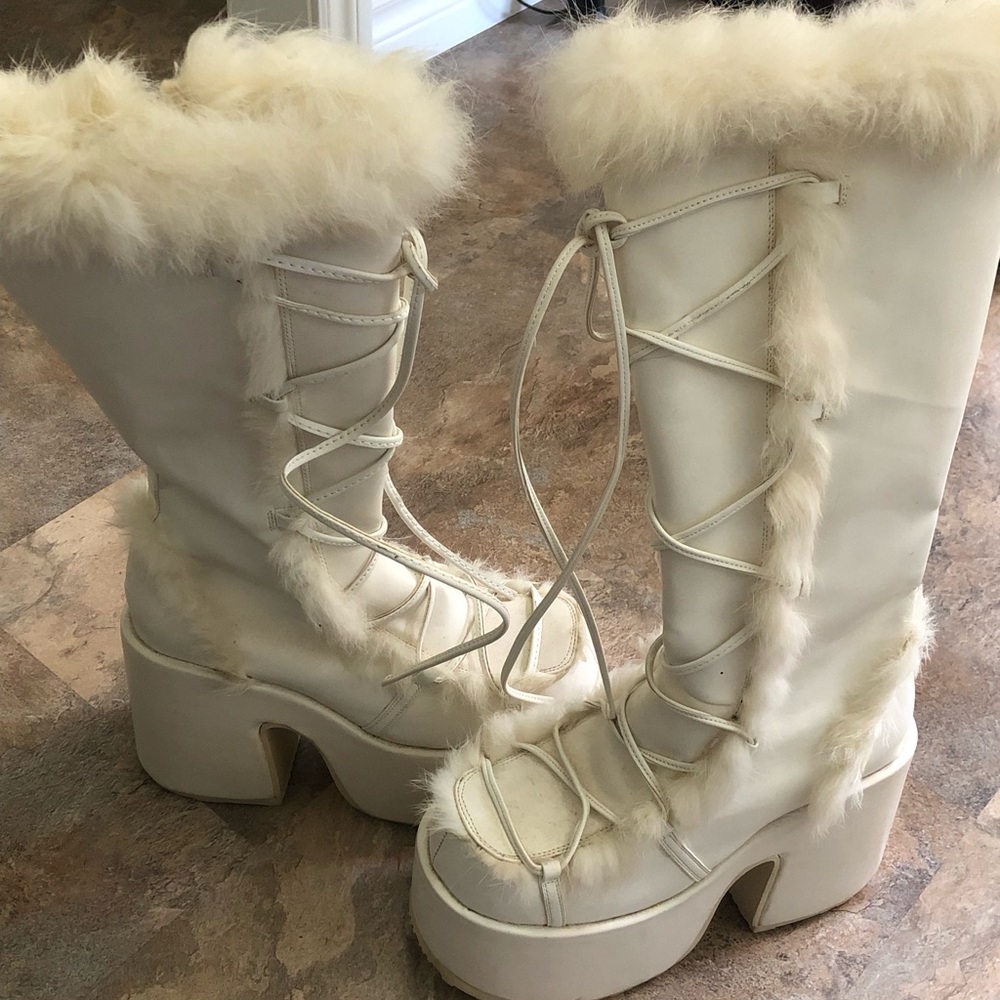 Demonia Faux Fur Platform Lace-Up Heeled Boots